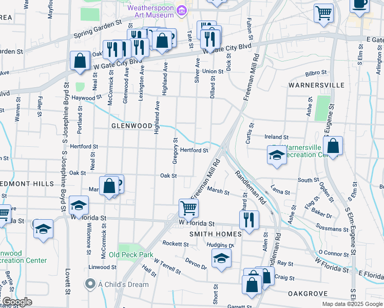 map of restaurants, bars, coffee shops, grocery stores, and more near 801 Hertford Street in Greensboro