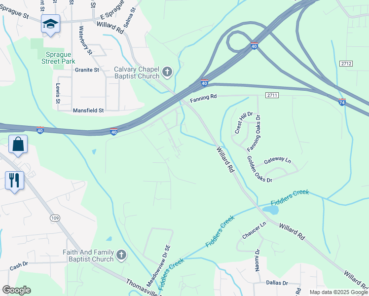 map of restaurants, bars, coffee shops, grocery stores, and more near 1502 Oakshire Court in Winston-Salem