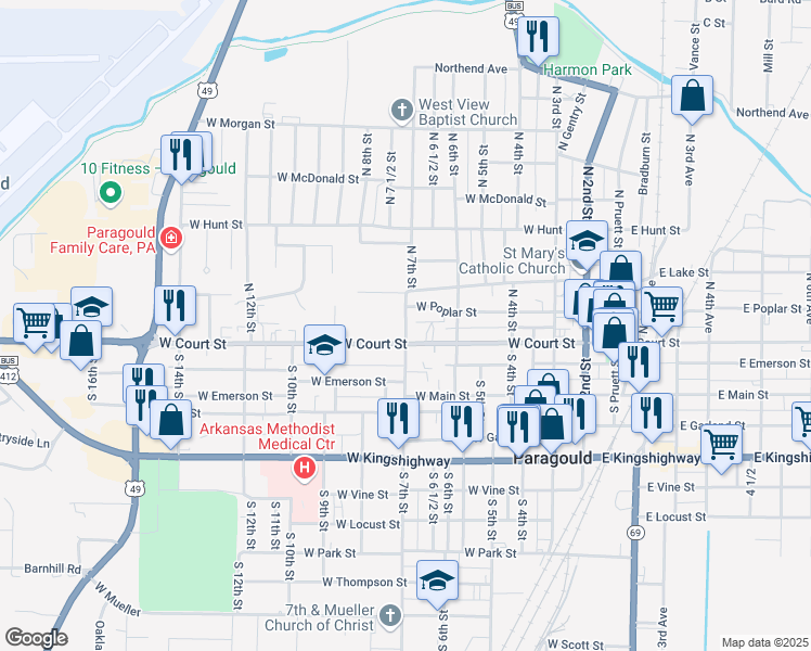 map of restaurants, bars, coffee shops, grocery stores, and more near 120 North 7th Street in Paragould