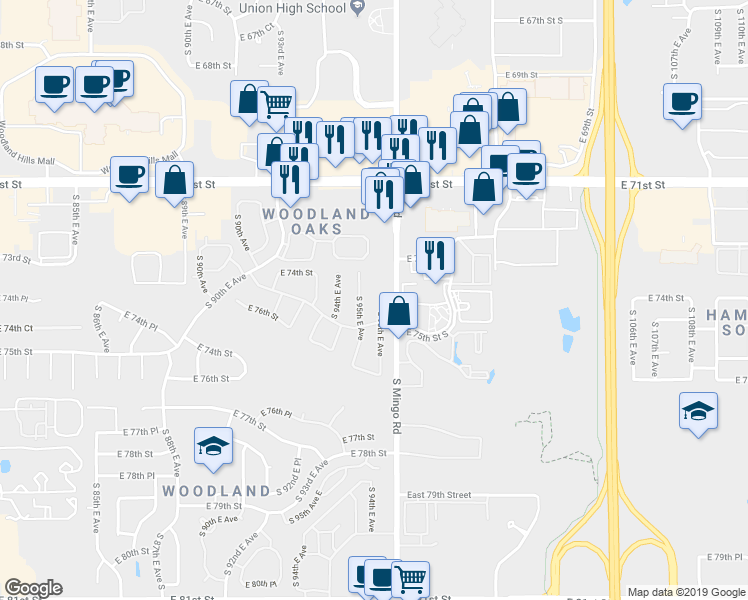 map of restaurants, bars, coffee shops, grocery stores, and more near 7422 South 96th East Avenue in Tulsa