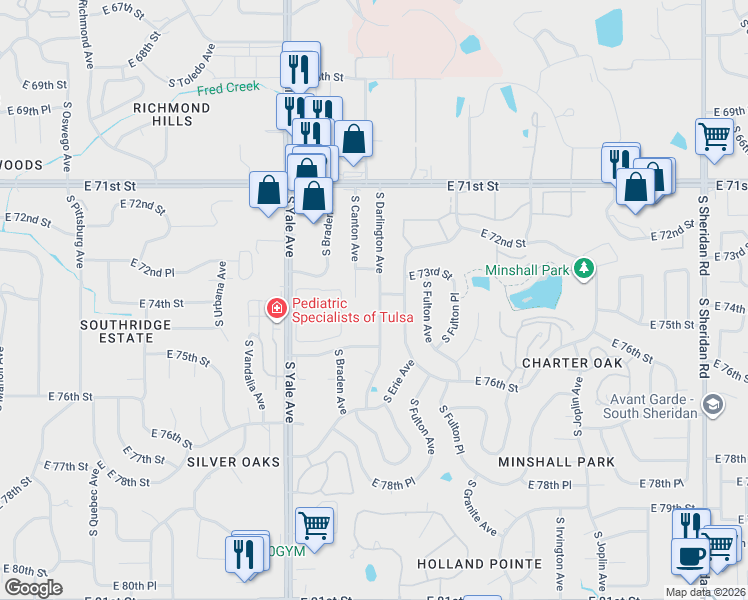 map of restaurants, bars, coffee shops, grocery stores, and more near 7325 South Canton Avenue in Tulsa