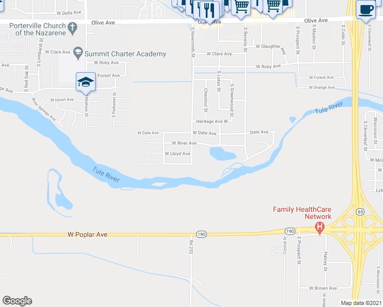 map of restaurants, bars, coffee shops, grocery stores, and more near South Newcomb Street & West Lloyd Avenue in Porterville