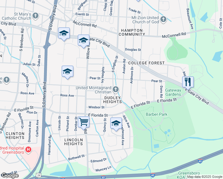 map of restaurants, bars, coffee shops, grocery stores, and more near 1410 South English Street in Greensboro