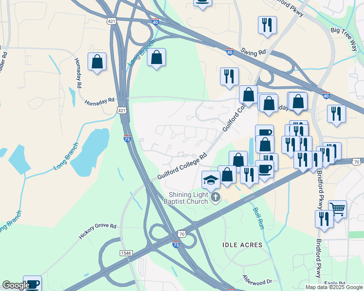 map of restaurants, bars, coffee shops, grocery stores, and more near 5727 Bramblegate Road in Greensboro