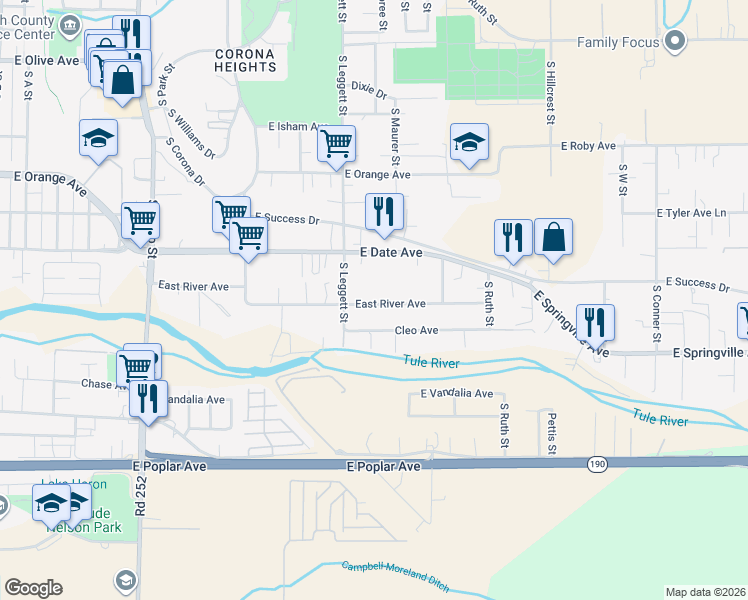 map of restaurants, bars, coffee shops, grocery stores, and more near 866 East River Avenue in Porterville