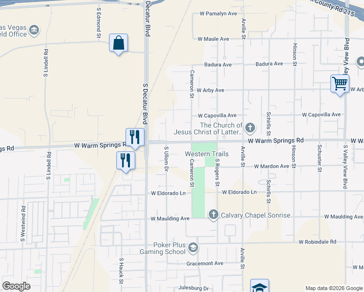 map of restaurants, bars, coffee shops, grocery stores, and more near 4631 West Warm Springs Road in Las Vegas