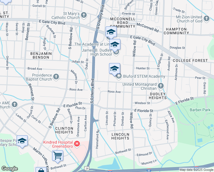map of restaurants, bars, coffee shops, grocery stores, and more near 1404 Lincoln Street in Greensboro
