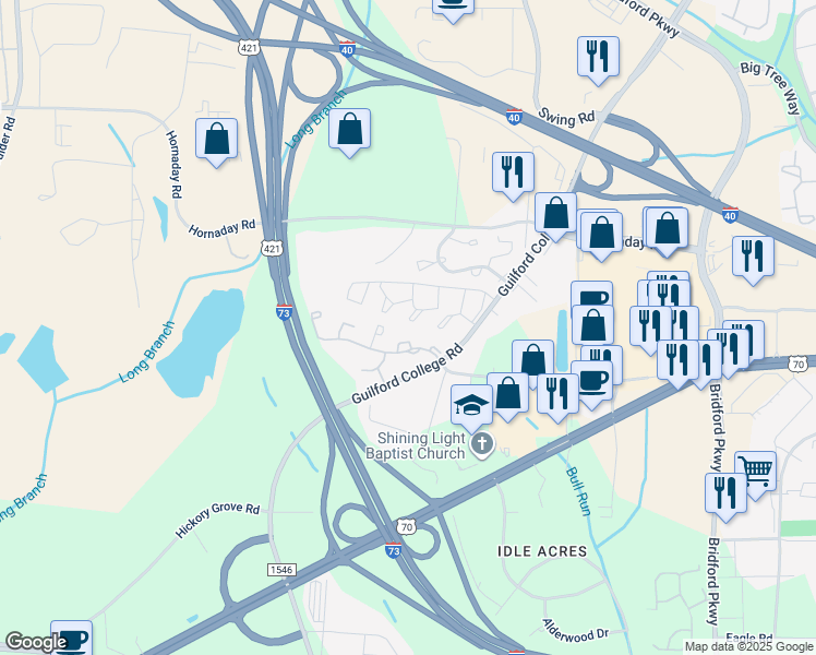 map of restaurants, bars, coffee shops, grocery stores, and more near 5727 Bramblegate Road in Greensboro