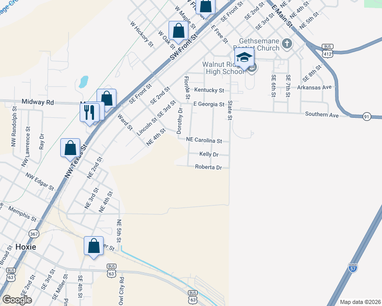 map of restaurants, bars, coffee shops, grocery stores, and more near 206 Brewer Drive in Walnut Ridge