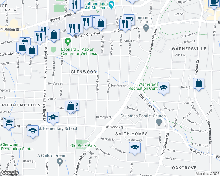 map of restaurants, bars, coffee shops, grocery stores, and more near 1103 Gregory Street in Greensboro