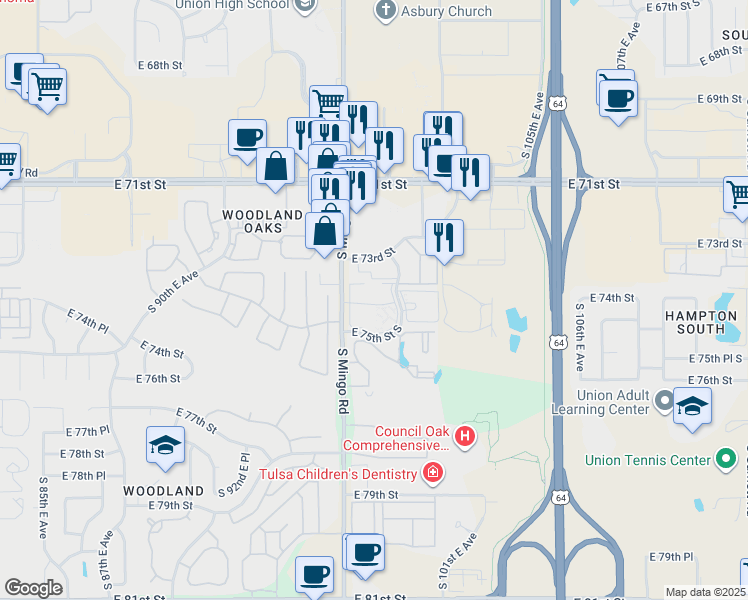 map of restaurants, bars, coffee shops, grocery stores, and more near 7321 South Mingo Road in Tulsa