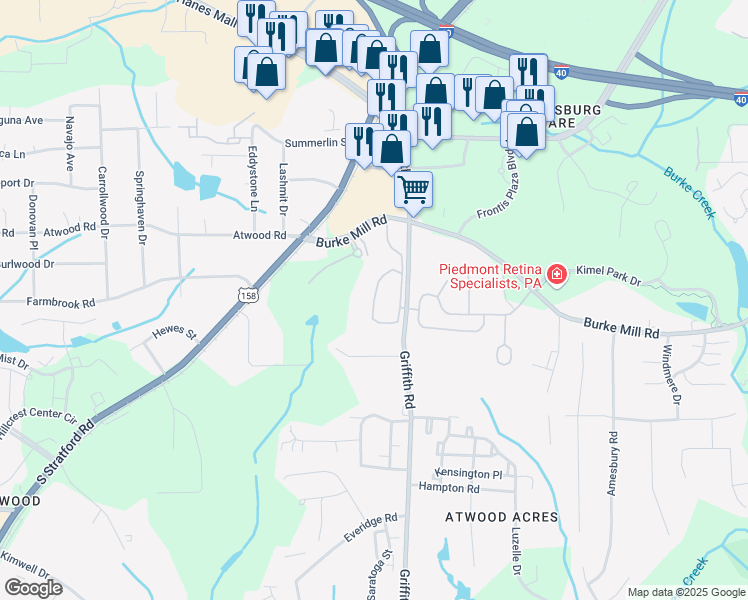 map of restaurants, bars, coffee shops, grocery stores, and more near 2152 Burke Meadows Rd in Winston-Salem