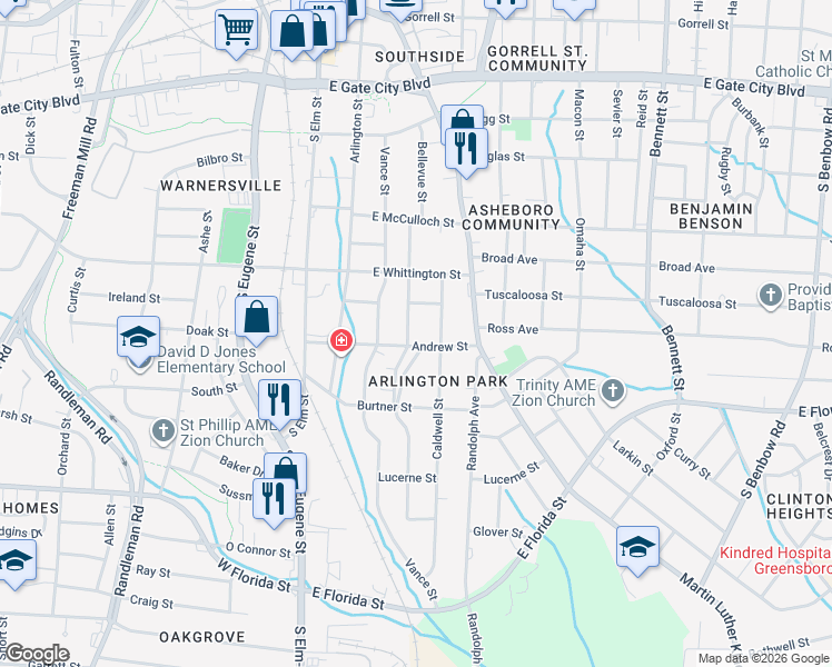 map of restaurants, bars, coffee shops, grocery stores, and more near 1010 Caldwell Street in Greensboro