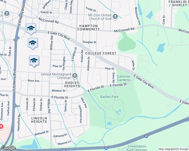 map of restaurants, bars, coffee shops, grocery stores, and more near 2420 Pear Street in Greensboro
