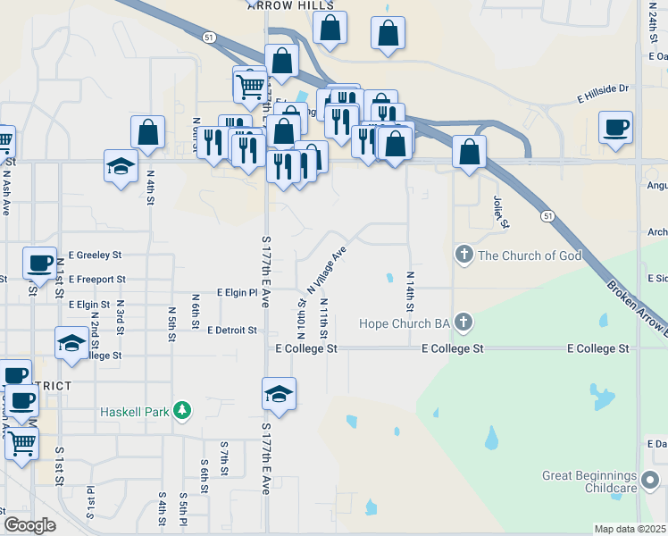 map of restaurants, bars, coffee shops, grocery stores, and more near 513 N Village Ave in Broken Arrow