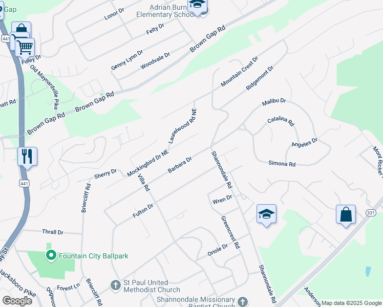 map of restaurants, bars, coffee shops, grocery stores, and more near 4603 Barbara Drive in Knoxville