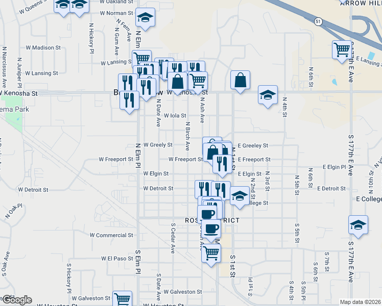map of restaurants, bars, coffee shops, grocery stores, and more near 515 North Birch Avenue in Broken Arrow