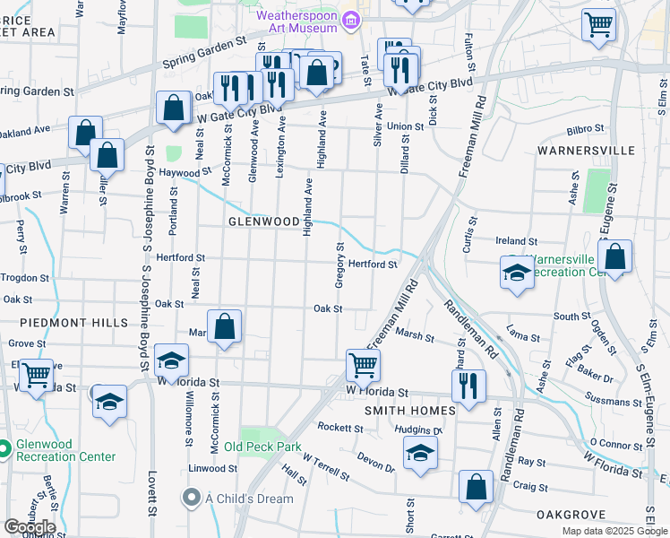map of restaurants, bars, coffee shops, grocery stores, and more near 1104 Gregory Street in Greensboro