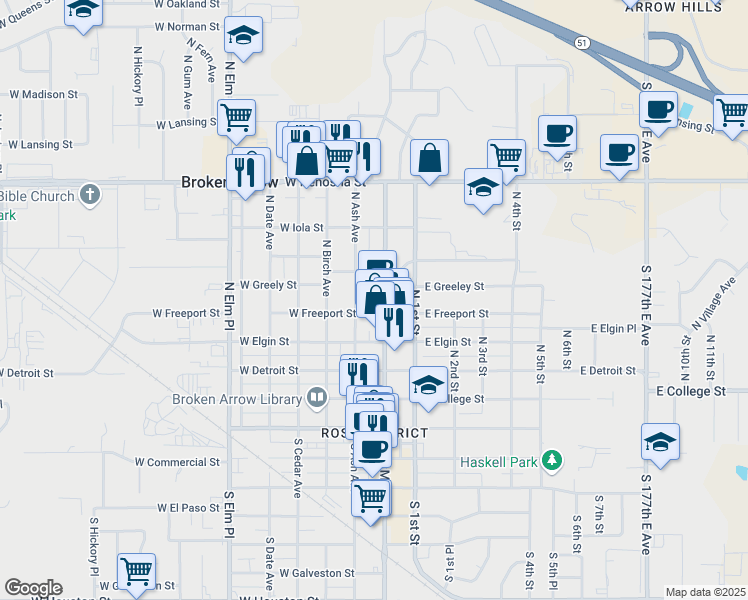 map of restaurants, bars, coffee shops, grocery stores, and more near 500 North Main Street in Broken Arrow