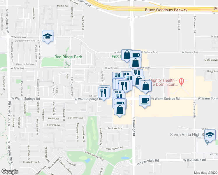 map of restaurants, bars, coffee shops, grocery stores, and more near 8760 West Firecracker Court in Las Vegas