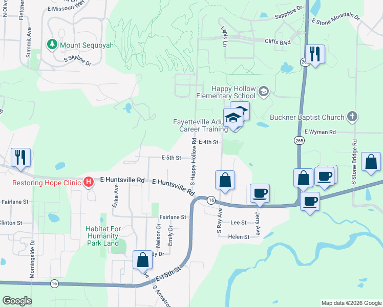 map of restaurants, bars, coffee shops, grocery stores, and more near 481 South Happy Hollow Road in Fayetteville