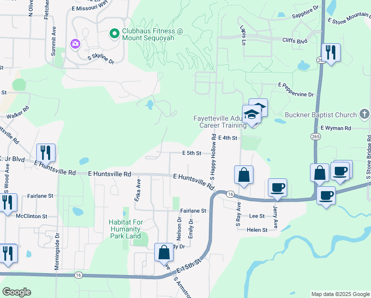 map of restaurants, bars, coffee shops, grocery stores, and more near 1618 East 5th Street in Fayetteville