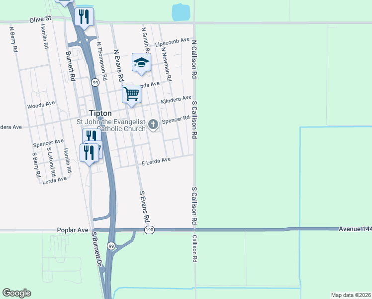 map of restaurants, bars, coffee shops, grocery stores, and more near 351 South Callison Road in Tipton