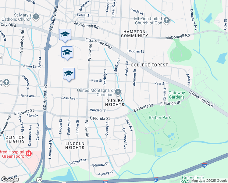map of restaurants, bars, coffee shops, grocery stores, and more near 1410 South English Street in Greensboro