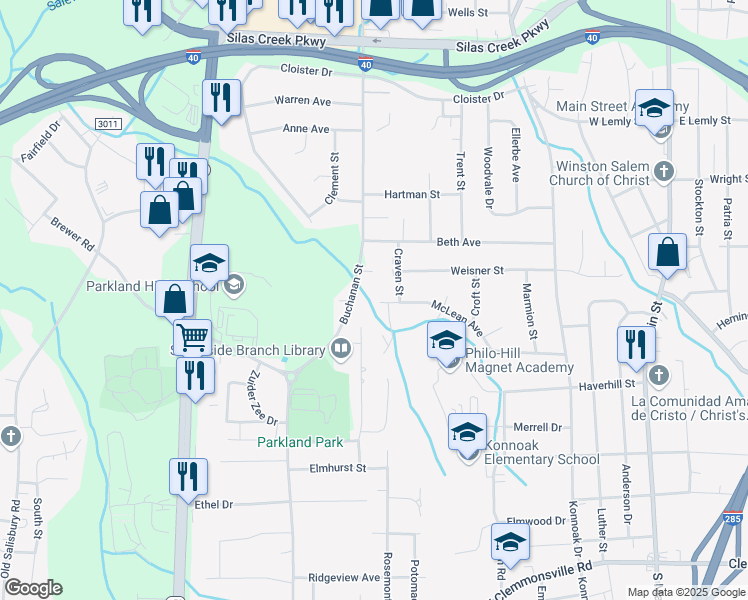 map of restaurants, bars, coffee shops, grocery stores, and more near 717 McLean Avenue in Winston-Salem