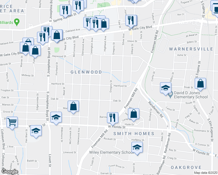 map of restaurants, bars, coffee shops, grocery stores, and more near 1104 Gregory Street in Greensboro