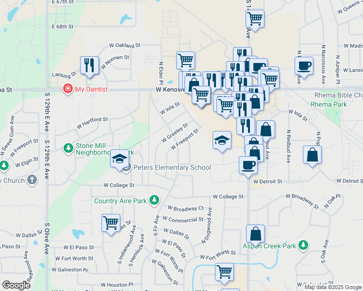map of restaurants, bars, coffee shops, grocery stores, and more near 421 North Fir Avenue in Broken Arrow