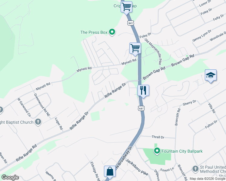 map of restaurants, bars, coffee shops, grocery stores, and more near 3207 Rifle Range Road in Knoxville