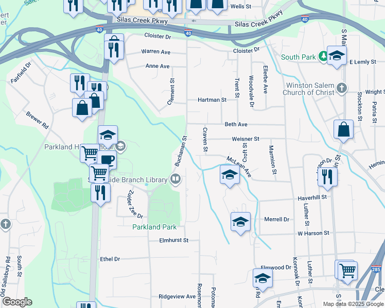 map of restaurants, bars, coffee shops, grocery stores, and more near 717 McLean Avenue in Winston-Salem