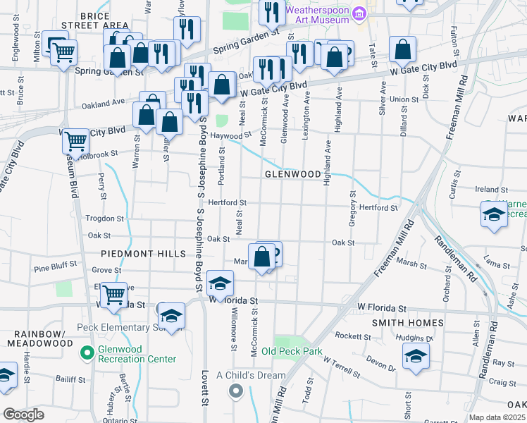 map of restaurants, bars, coffee shops, grocery stores, and more near 1105 McCormick Street in Greensboro