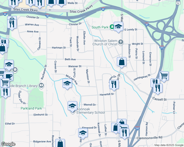 map of restaurants, bars, coffee shops, grocery stores, and more near 3024 Konnoak Drive in Winston-Salem