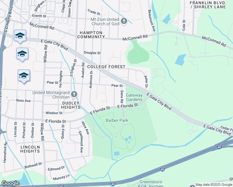 map of restaurants, bars, coffee shops, grocery stores, and more near 1407 Blueberry Lane in Greensboro