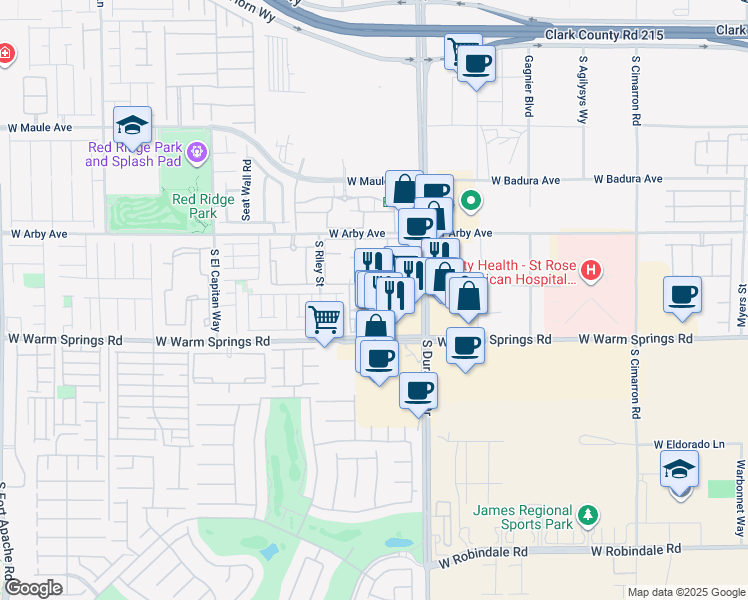 map of restaurants, bars, coffee shops, grocery stores, and more near 7155 South Durango Drive in Las Vegas