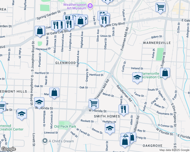 map of restaurants, bars, coffee shops, grocery stores, and more near 801 Hertford Street in Greensboro