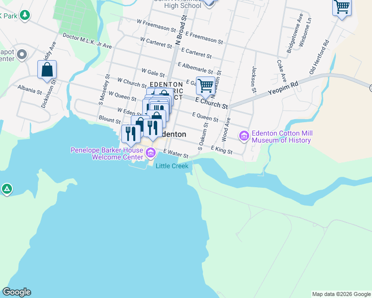 map of restaurants, bars, coffee shops, grocery stores, and more near 214 E King St in Edenton