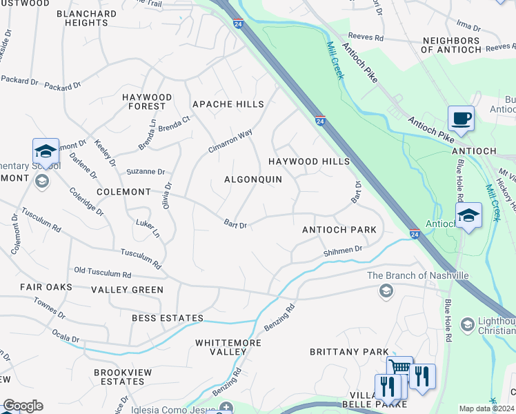 map of restaurants, bars, coffee shops, grocery stores, and more near 105 Tasmen Court in Nashville