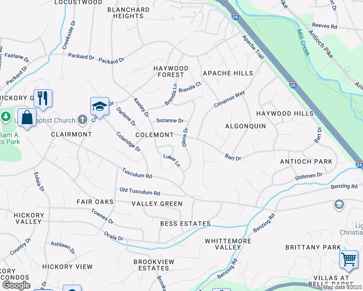 map of restaurants, bars, coffee shops, grocery stores, and more near 5005 Olivia Drive in Nashville