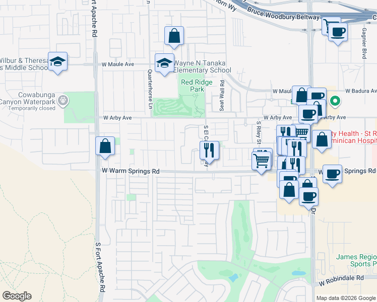 map of restaurants, bars, coffee shops, grocery stores, and more near 9050 West Warm Springs Road in Las Vegas