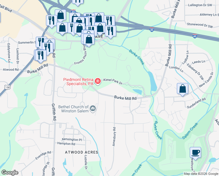 map of restaurants, bars, coffee shops, grocery stores, and more near 185 Kimel Park Drive in Winston-Salem