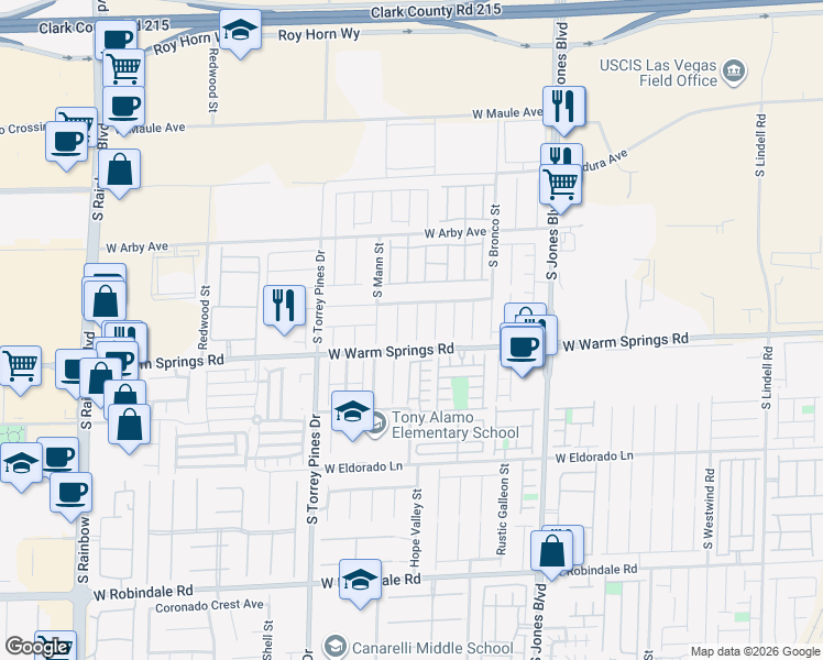 map of restaurants, bars, coffee shops, grocery stores, and more near 7266 Shannon Ridge Court in Las Vegas