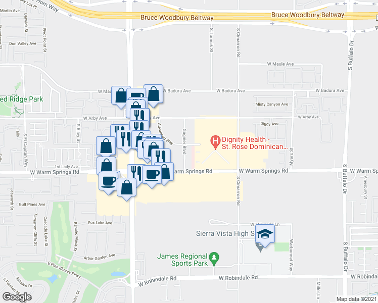 map of restaurants, bars, coffee shops, grocery stores, and more near 7195 Advanced Way in Las Vegas