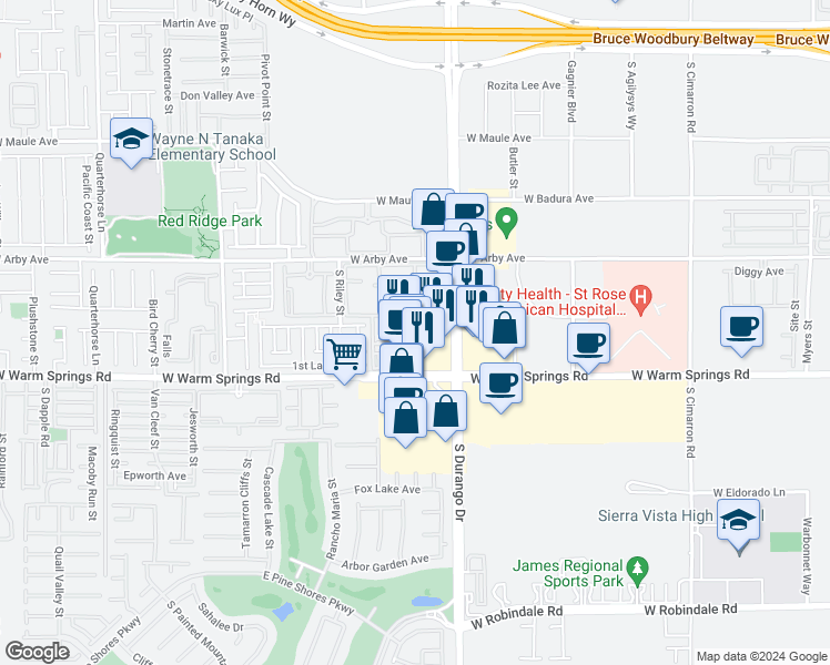 map of restaurants, bars, coffee shops, grocery stores, and more near 7159 South Durango Drive in Las Vegas