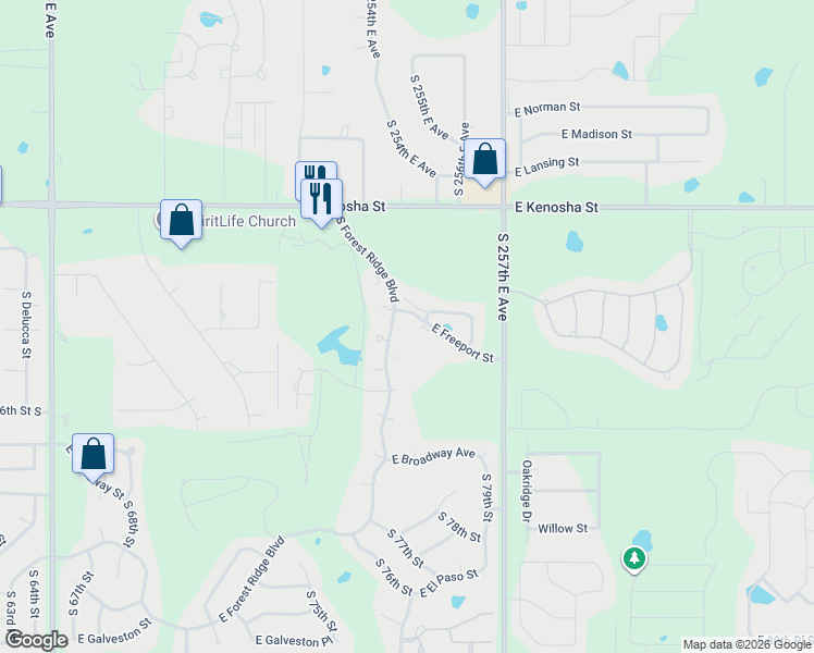 map of restaurants, bars, coffee shops, grocery stores, and more near 421 South Forest Ridge Boulevard in Broken Arrow