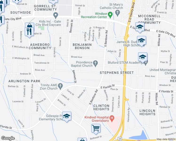 map of restaurants, bars, coffee shops, grocery stores, and more near 917 Ross Avenue in Greensboro
