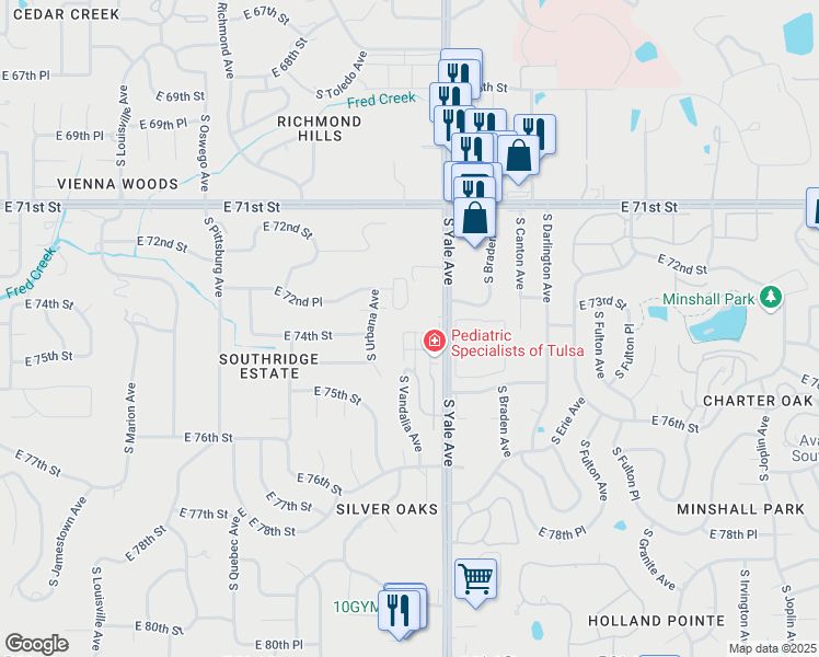 map of restaurants, bars, coffee shops, grocery stores, and more near 7302 South Yale Avenue in Tulsa