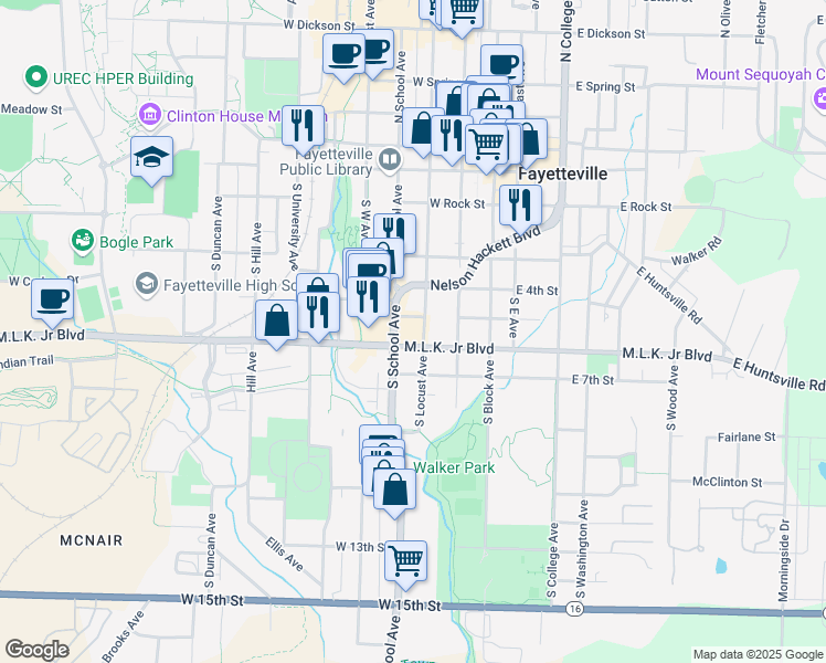map of restaurants, bars, coffee shops, grocery stores, and more near 524 South School Avenue in Fayetteville